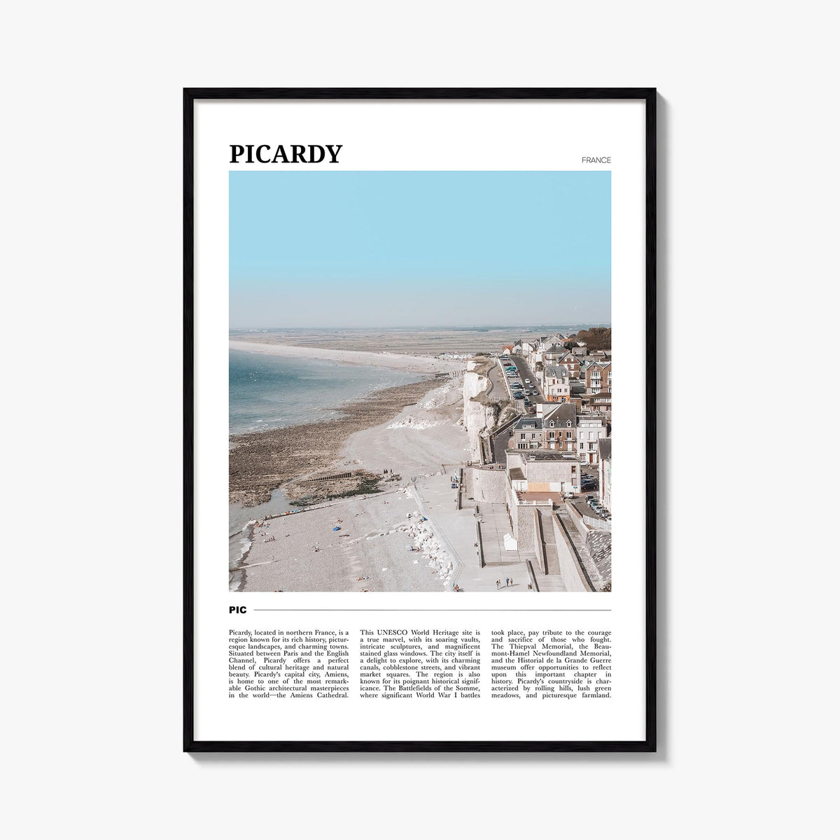 Picardy colorful travel poster of France – vertical wall art, unframed print shown in interior mockup