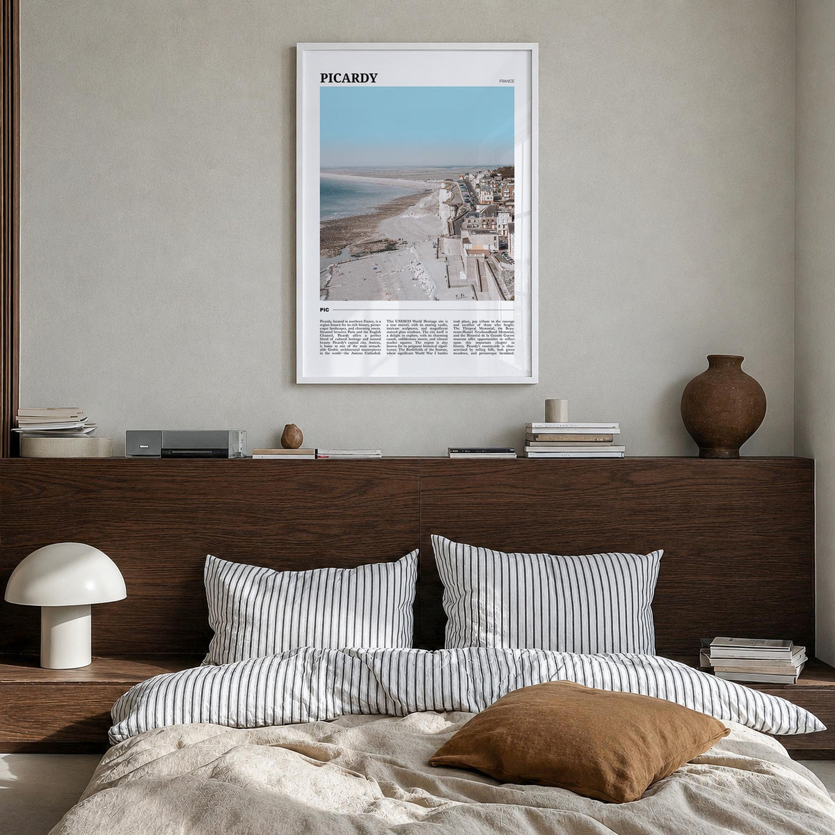 Picardy colorful travel poster of France – vertical wall art in white wood frame, hanging on wall