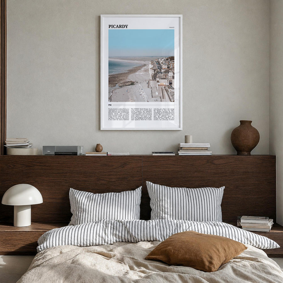Picardy colorful travel poster of France – vertical wall art in white wood frame, hanging on wall