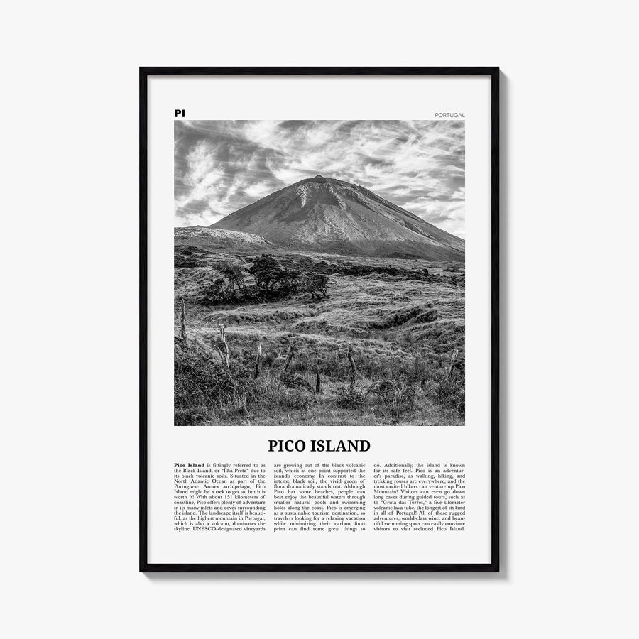 Pico Island black & white newspaper poster of Portugal – vertical wall art, unframed print shown in interior mockup