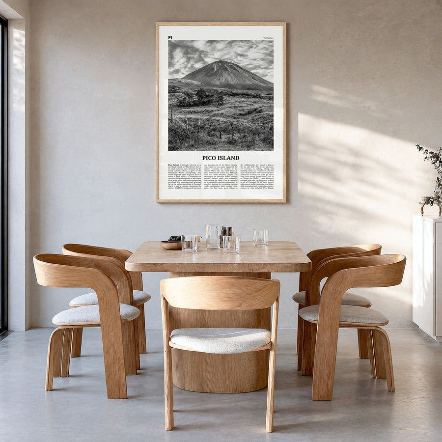 Pico Island Newspaper Poster in a natural wood frame, hanging in a dining room