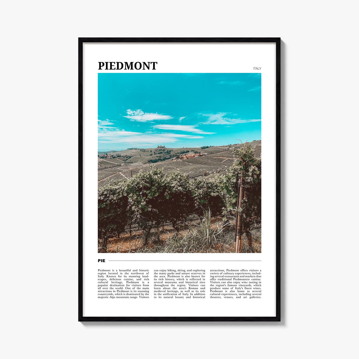 Piedmont no. 1 colorful travel poster of Italy – vertical wall art, unframed print shown in interior mockup