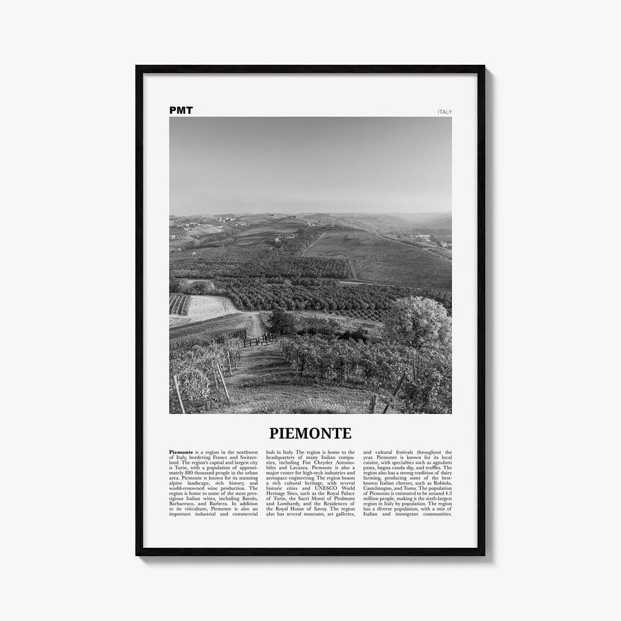 Piedmont no. 2 black & white newspaper poster of Piemonte, Italy – vertical wall art, unframed print shown in interior mockup