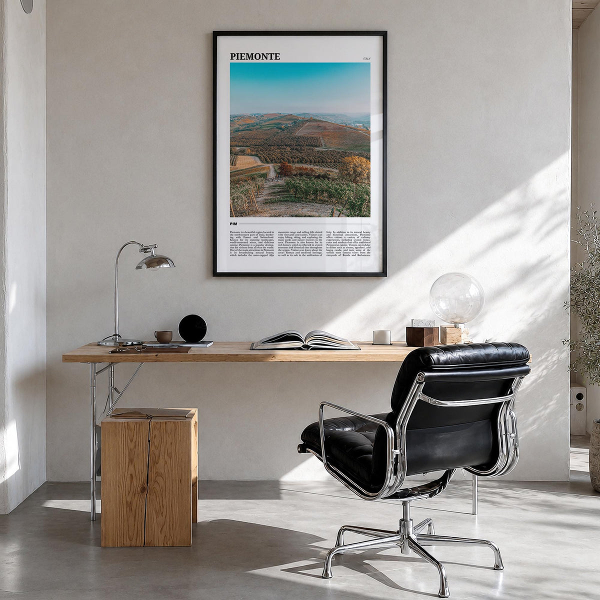 Piedmont no. 2 colorful travel poster of Piemonte, Italy – vertical wall art in black wood frame, hanging on wall