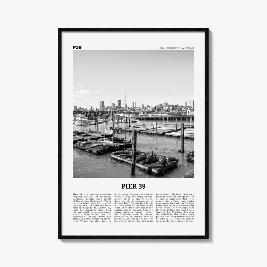 Pier 39 black & white newspaper poster of California, USA – vertical wall art, unframed print shown in interior mockup
