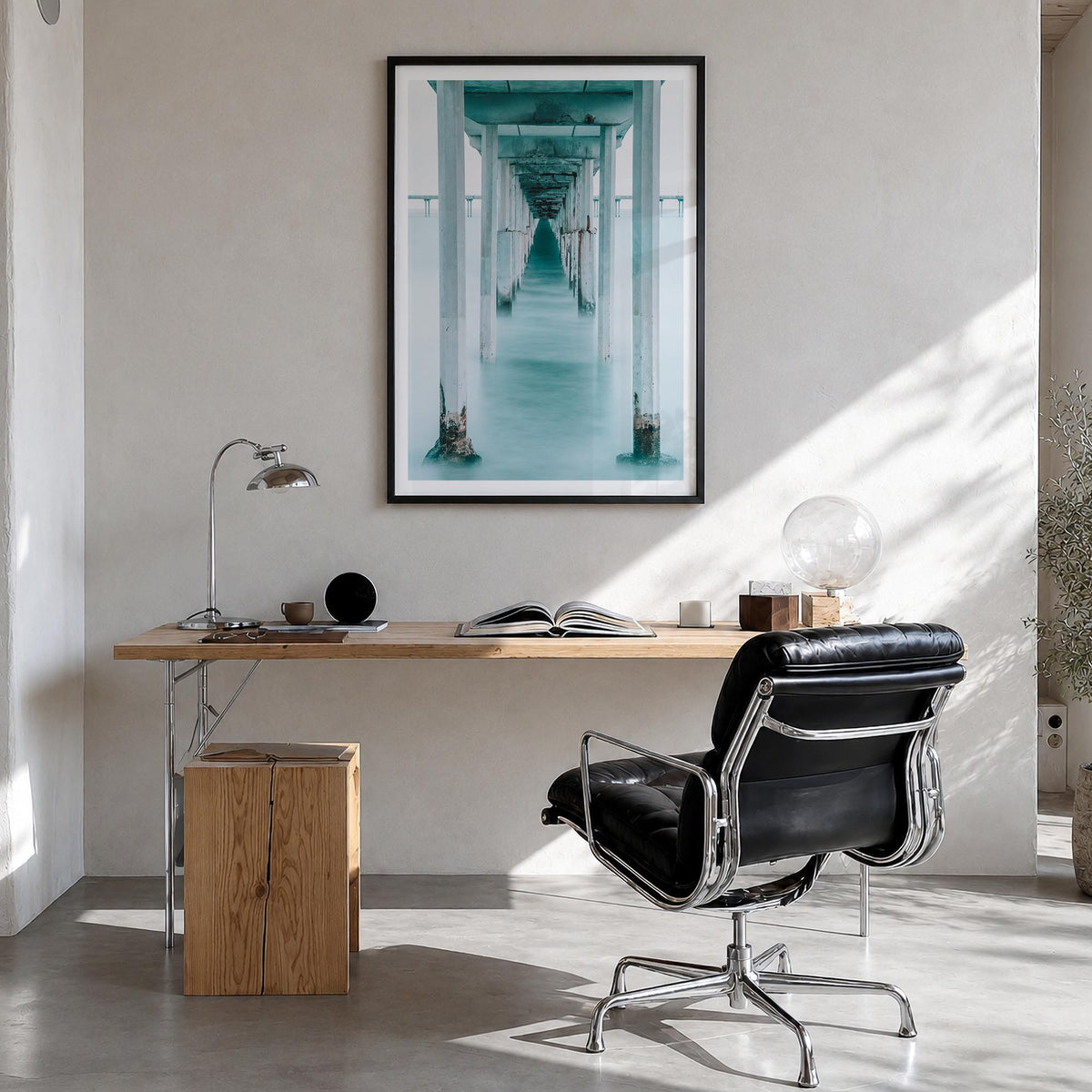 Pier no. 1 colorful photo poster – vertical wall art in black wood frame with white border, hanging on wall