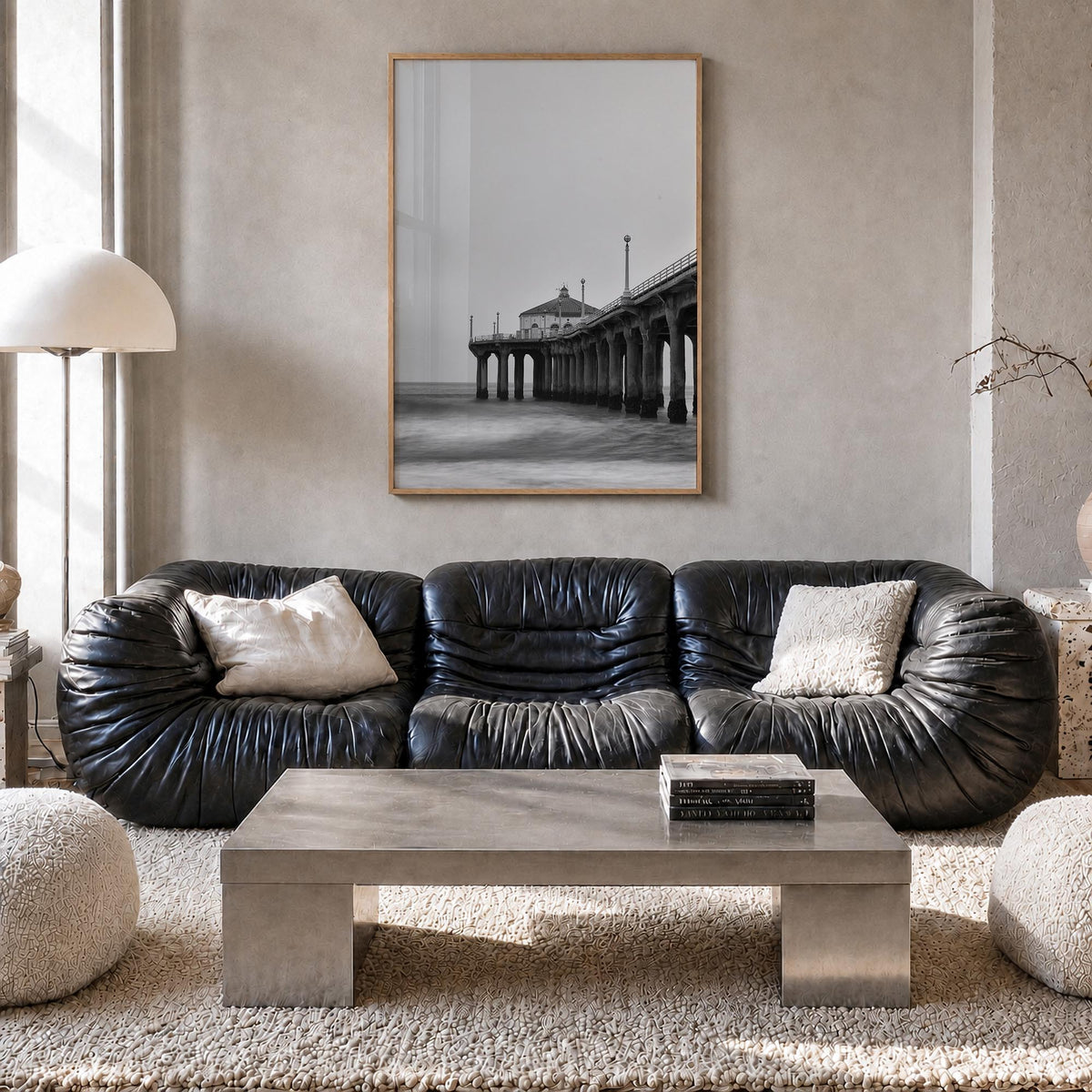 Pier no. 2 black & white photo poster – vertical wall art in natural wood frame, hanging on wall