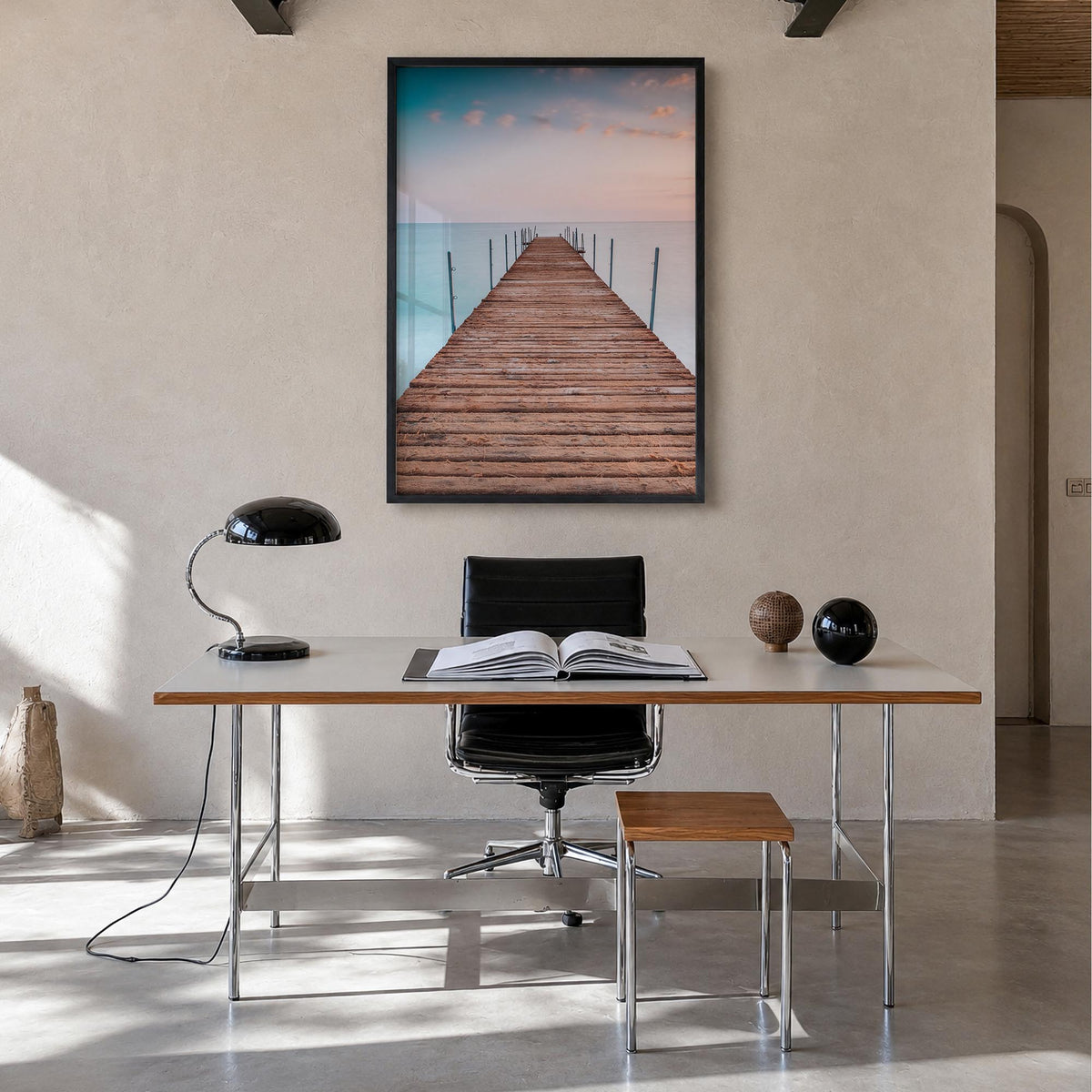 Pier no. 2 colorful photo poster – vertical wall art in black wood frame, hanging on wall