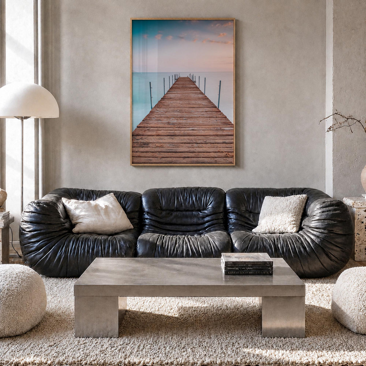 Pier no. 2 colorful photo poster – vertical wall art in natural wood frame, hanging on wall