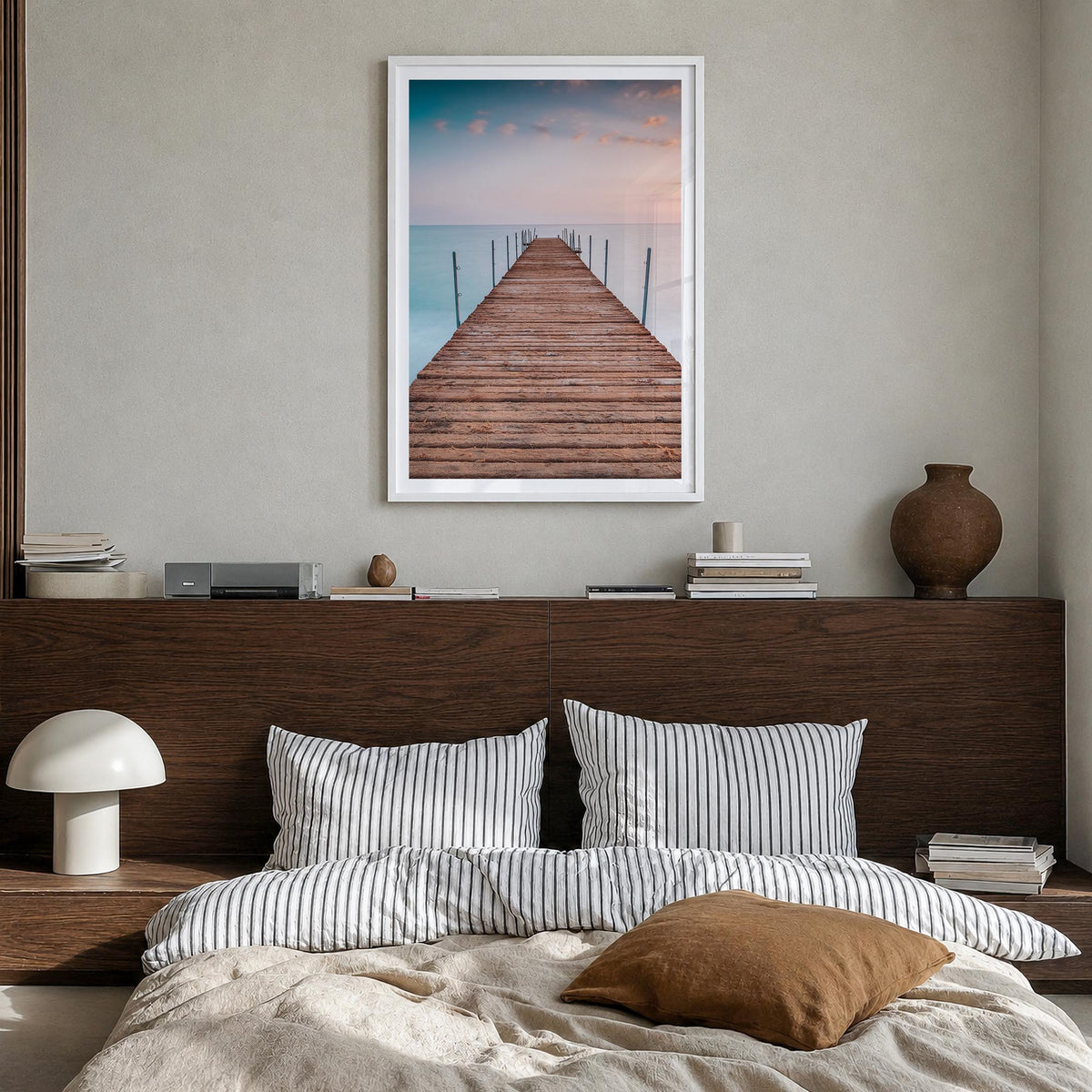 Pier no. 2 colorful photo poster – vertical wall art in white wood frame with white border, hanging on wall