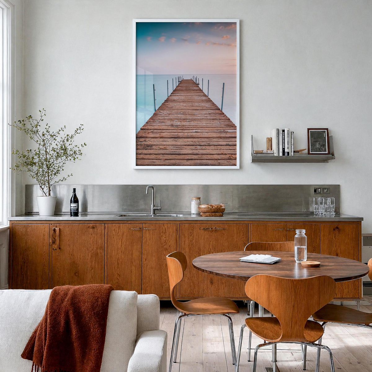 Pier no. 2 colorful photo poster – vertical wall art in white wood frame, hanging on wall