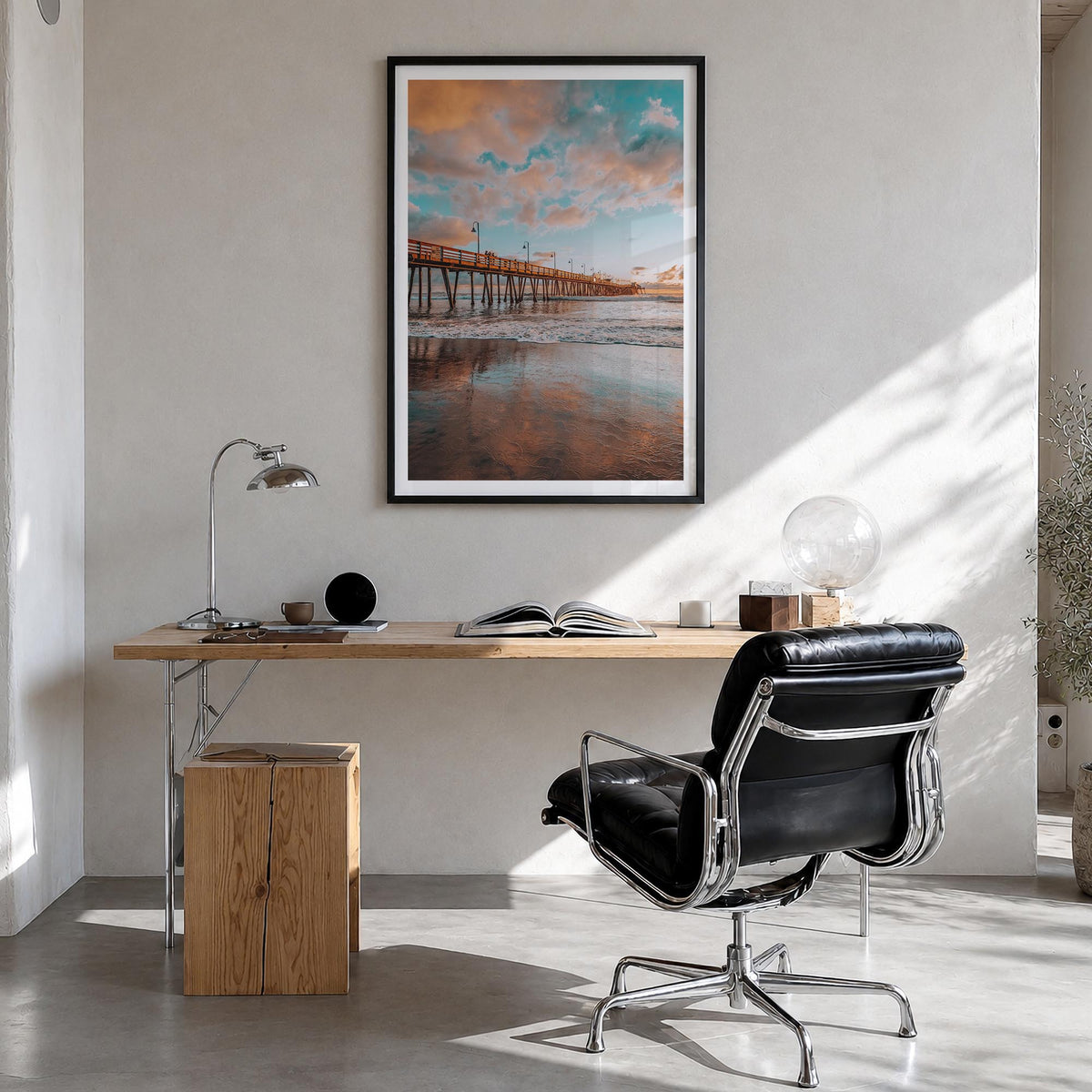 Pier no. 3 colorful photo poster – vertical wall art in black wood frame with white border, hanging on wall