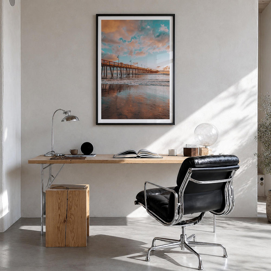 Pier no. 3 colorful photo poster – vertical wall art in black wood frame with white border, hanging on wall