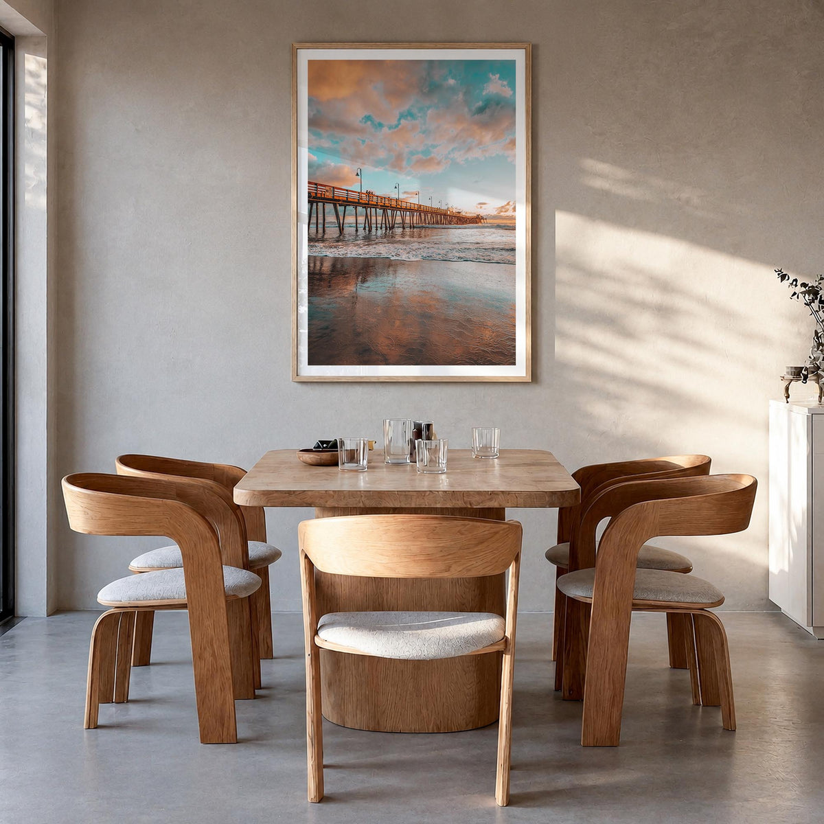 Pier no. 3 colorful photo poster – vertical wall art in natural wood frame with white border, hanging on wall
