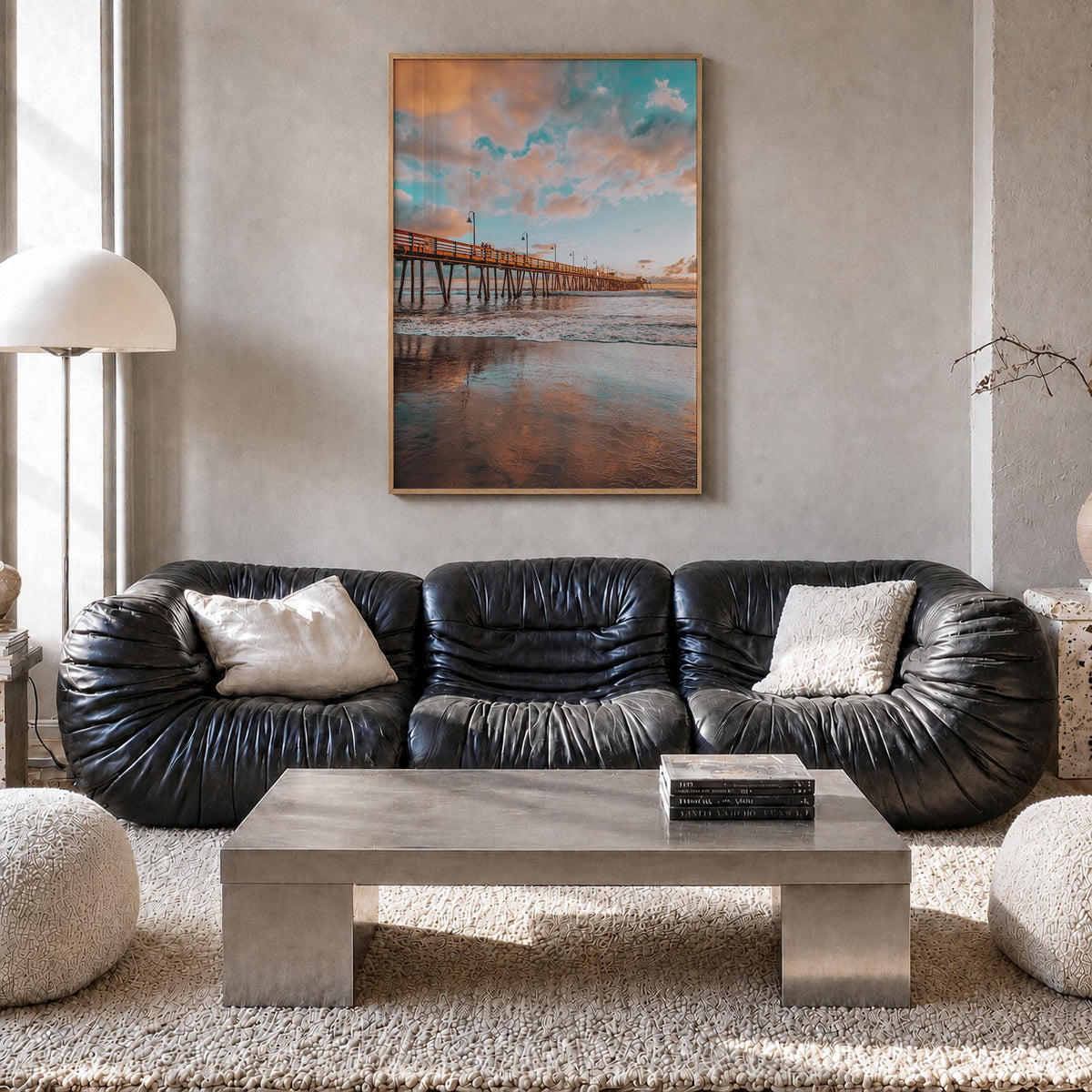 Pier no. 3 colorful photo poster – vertical wall art in natural wood frame, hanging on wall