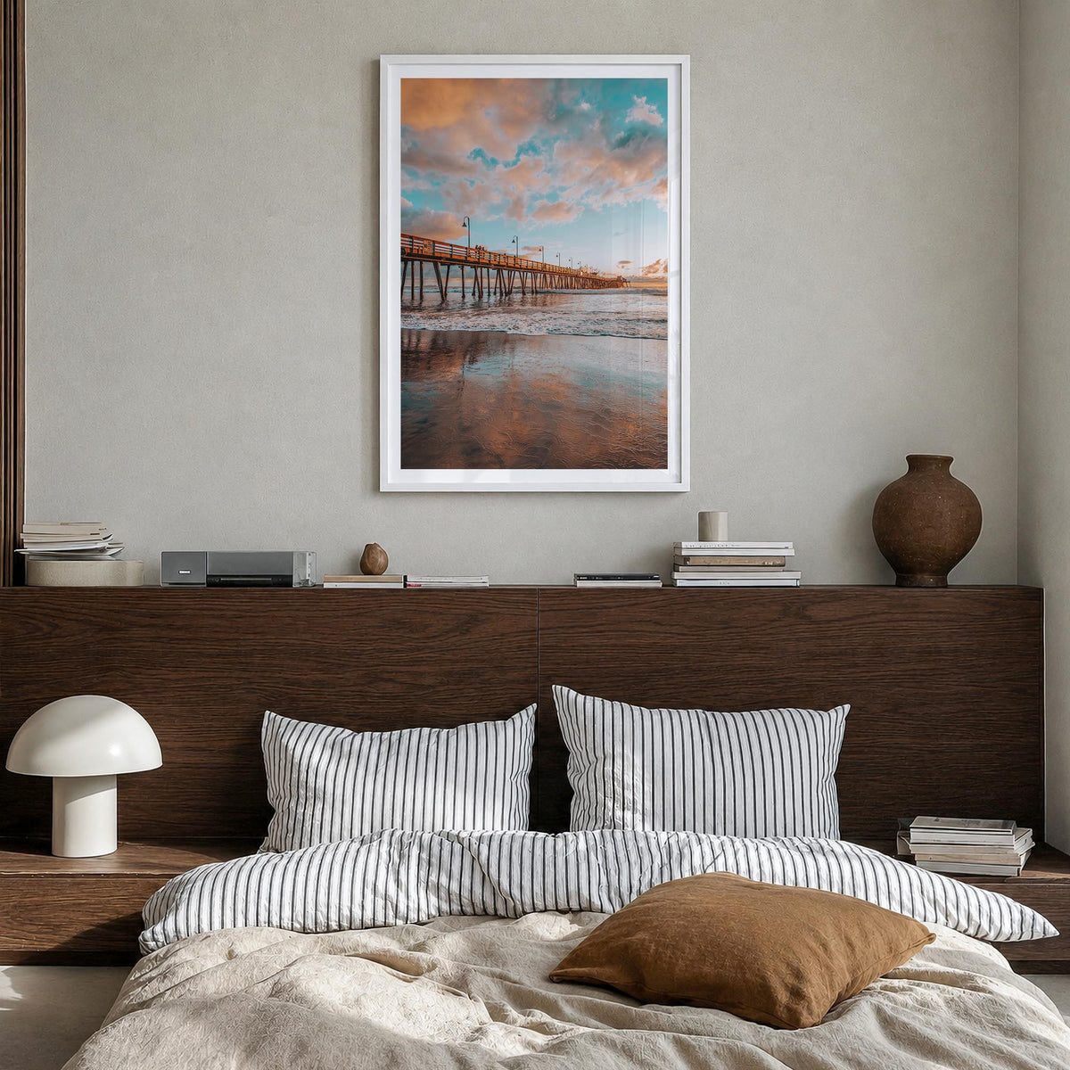 Pier no. 3 colorful photo poster – vertical wall art in white wood frame with white border, hanging on wall