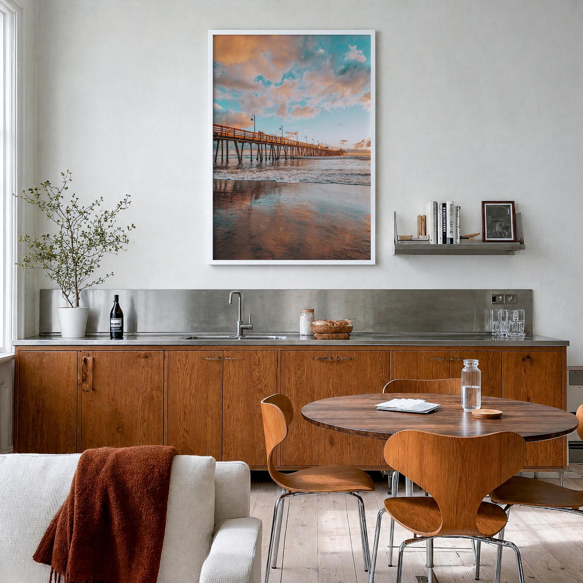 Pier no. 3 colorful photo poster – vertical wall art in white wood frame, hanging on wall