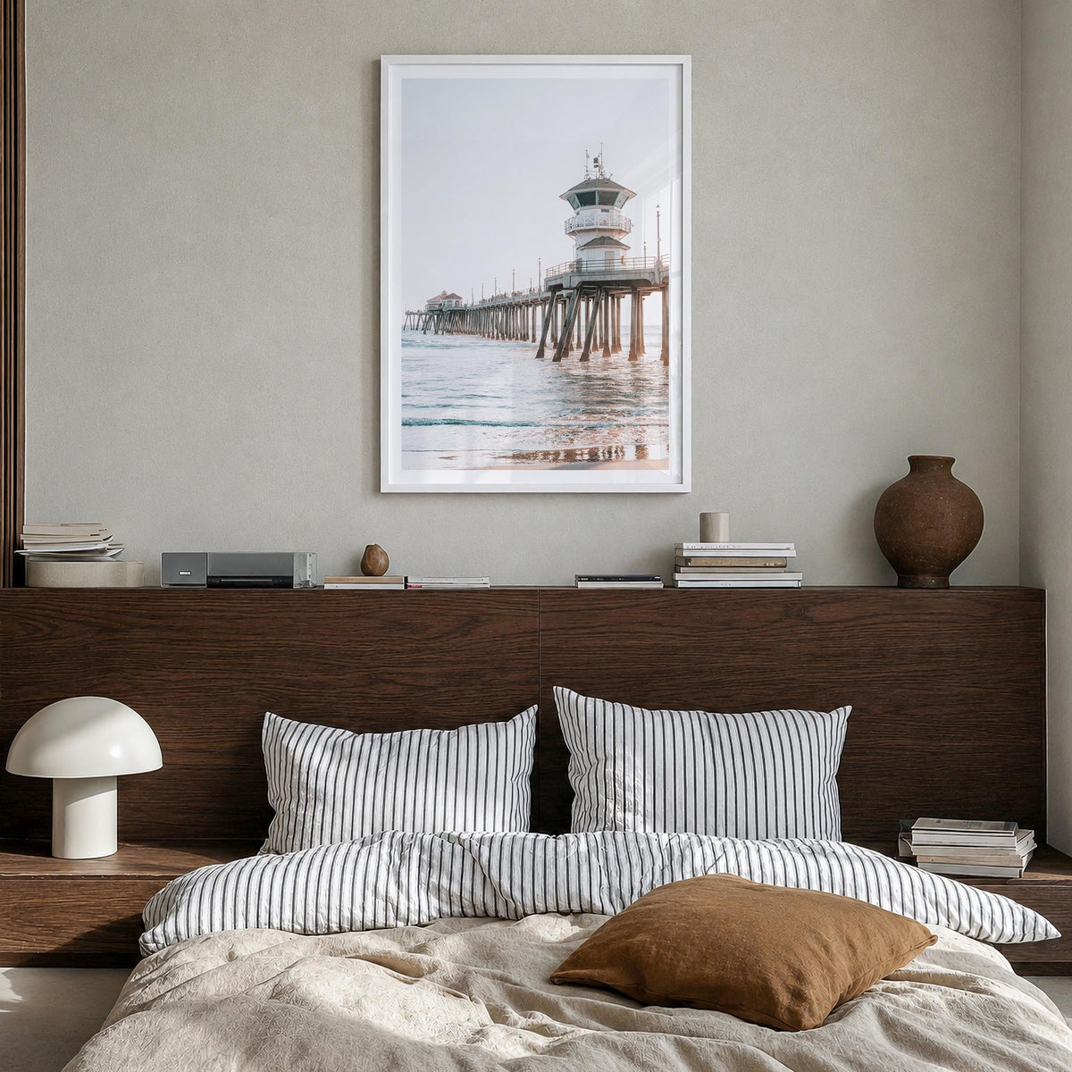 Pier no. 4 colorful photo poster – vertical wall art in white wood frame with white border, hanging on wall