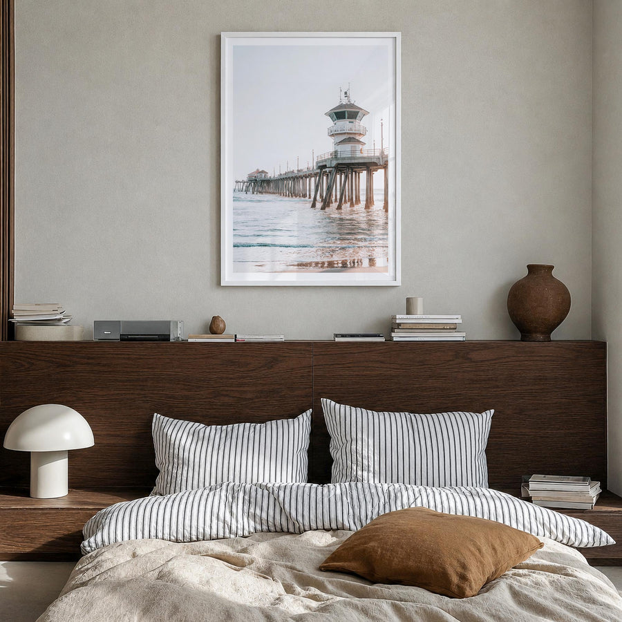 Pier no. 4 colorful photo poster – vertical wall art in white wood frame with white border, hanging on wall