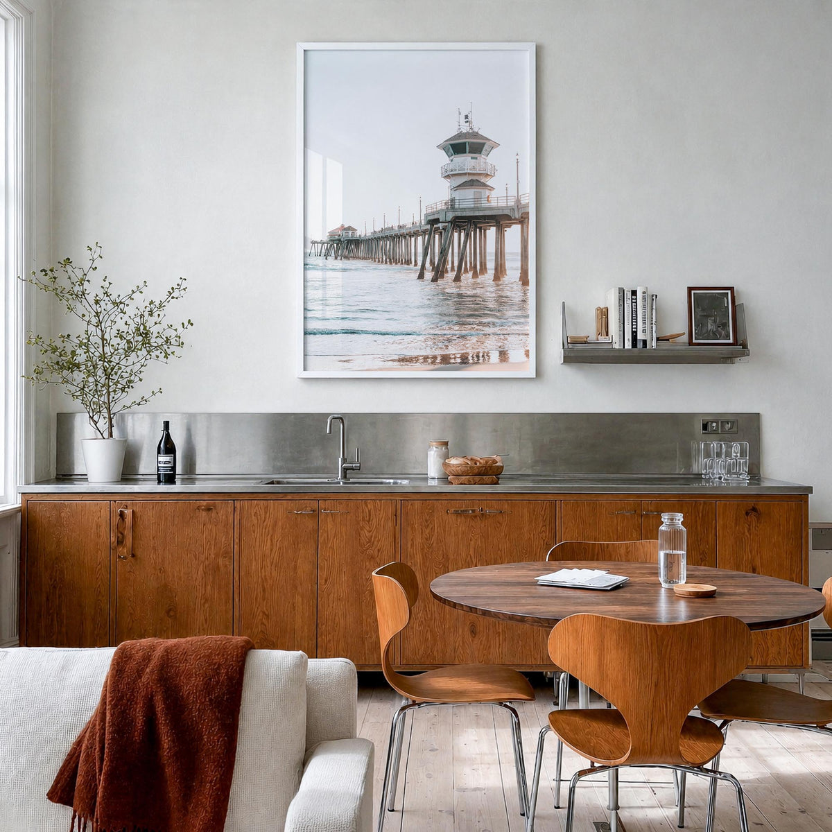 Pier no. 4 colorful photo poster – vertical wall art in white wood frame, hanging on wall