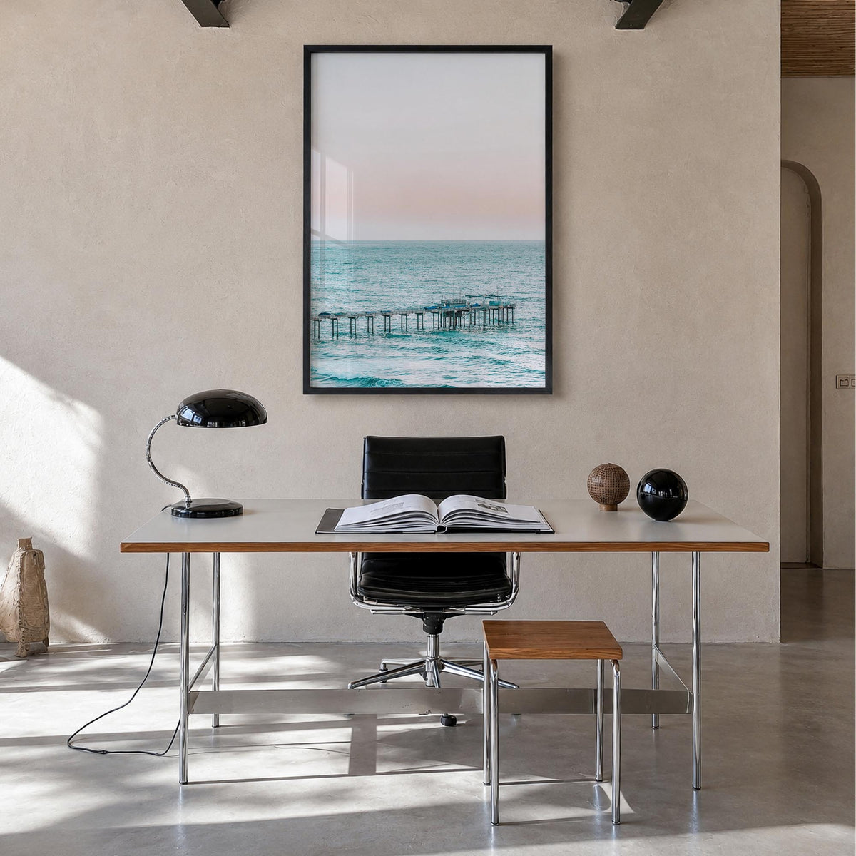 Pier no. 5 colorful photo poster – vertical wall art in black wood frame, hanging on wall