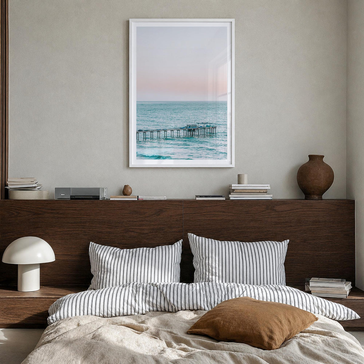 Pier no. 5 colorful photo poster – vertical wall art in white wood frame with white border, hanging on wall