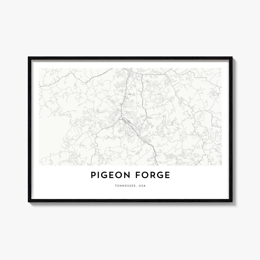 Pigeon Forge black & white map poster of Tennessee, USA – horizontal wall art, unframed print shown in interior mockup
