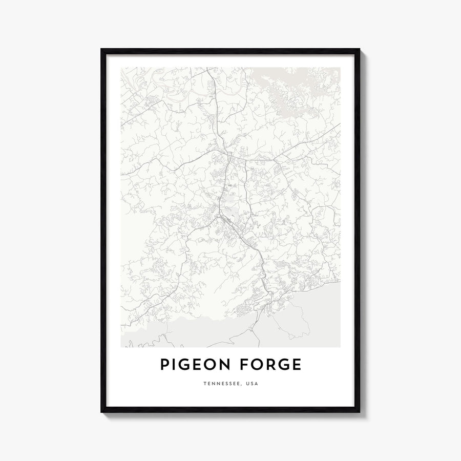 Pigeon Forge black & white map poster of Tennessee, USA – vertical wall art, unframed print shown in interior mockup