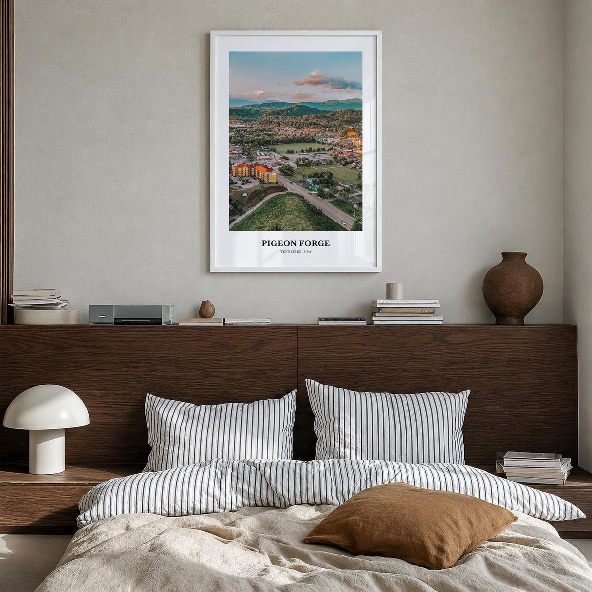 Pigeon Forge colorful classic poster of Tennessee, USA – vertical wall art in white wood frame, hanging on wall