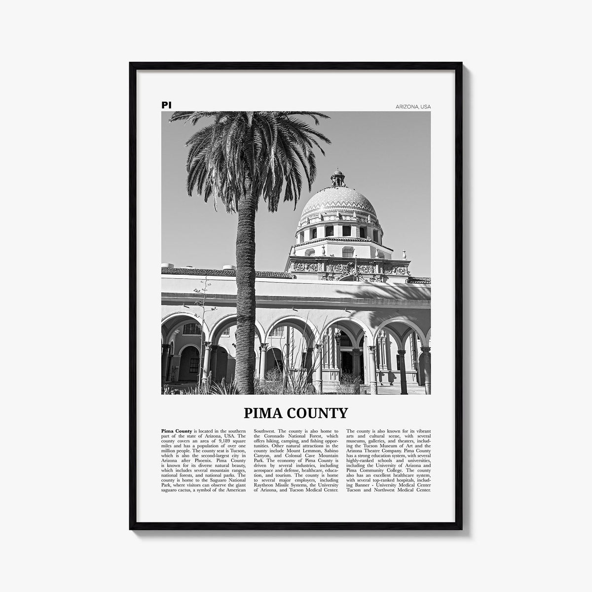 Pima County black & white newspaper poster of Arizona, USA – vertical wall art, unframed print shown in interior mockup