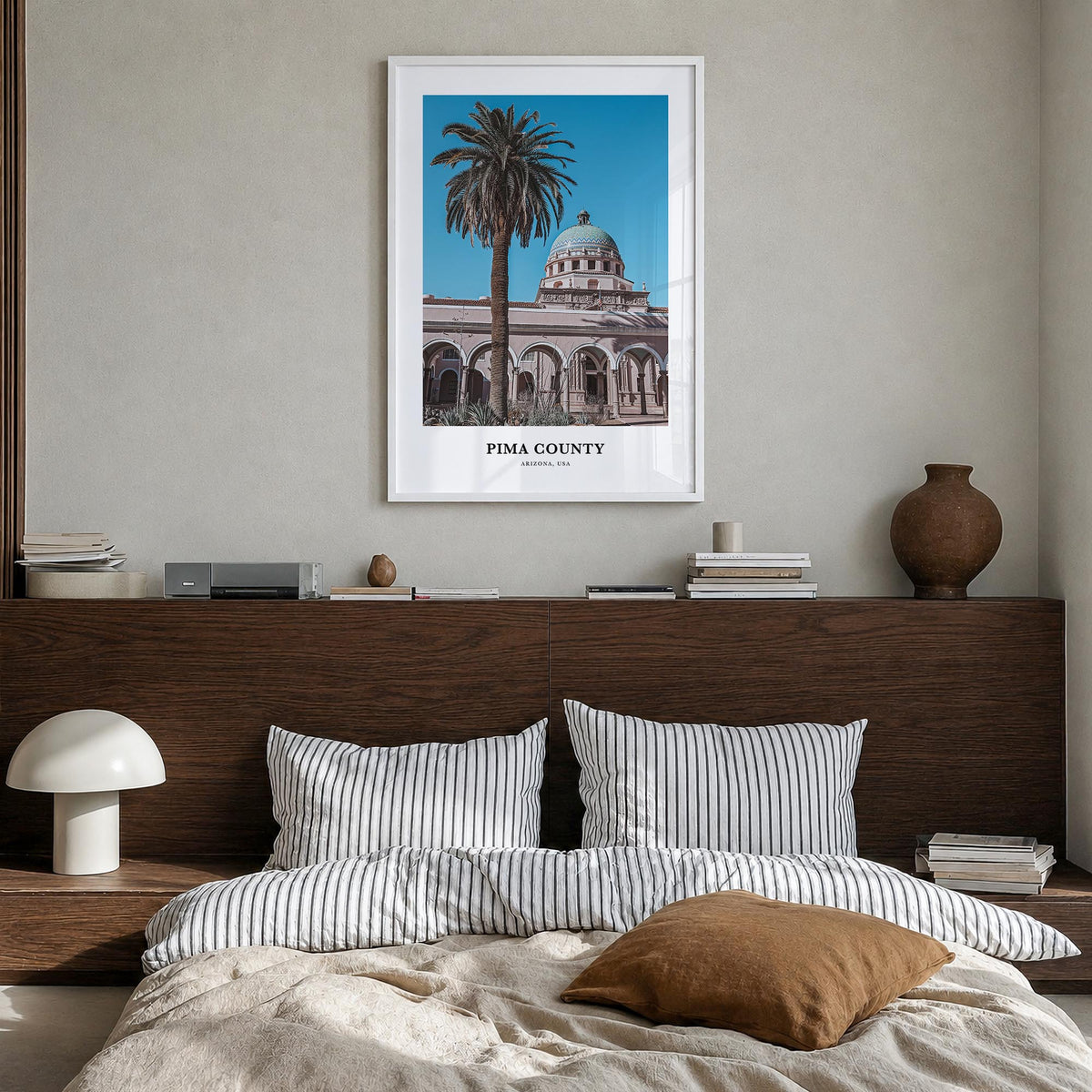 Pima County colorful classic poster of Arizona, USA – vertical wall art in white wood frame, hanging on wall