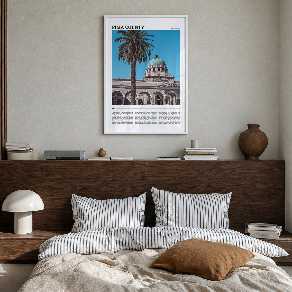 Pima County colorful travel poster of Arizona, USA – vertical wall art in white wood frame, hanging on wall