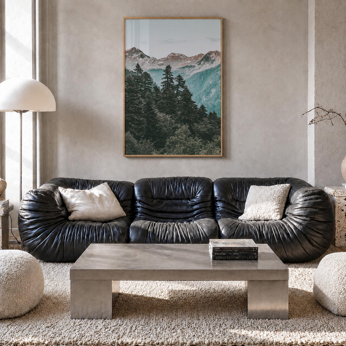 Pine Tree Forest colorful photo poster – vertical wall art in natural wood frame, hanging on wall