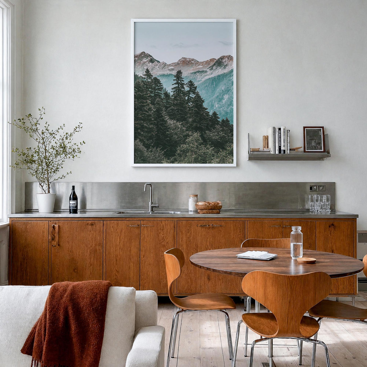 Pine Tree Forest colorful photo poster – vertical wall art in white wood frame, hanging on wall