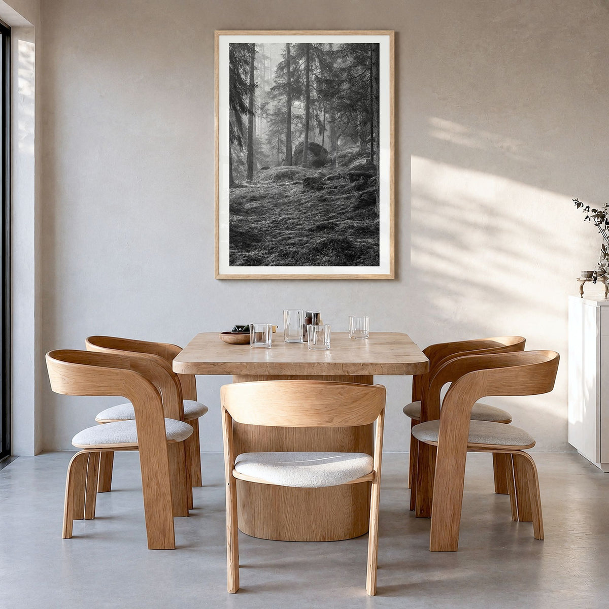 Pine Tree Forest Photo No 2 Poster in a natural wood frame, hanging in a dining room, white border