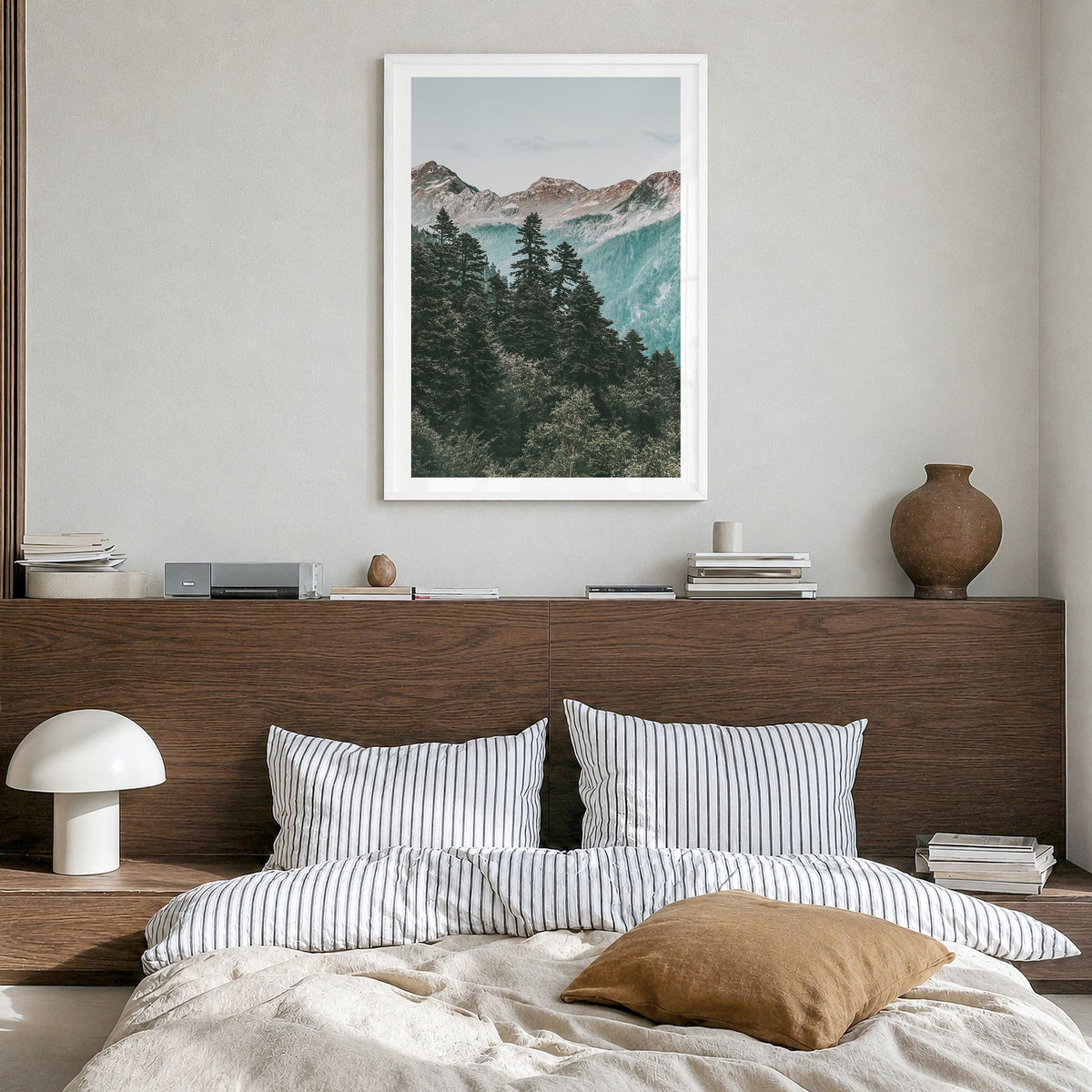 Pine Tree Forest Photo Poster in a white wood frame, hanging in a bedroom, white border