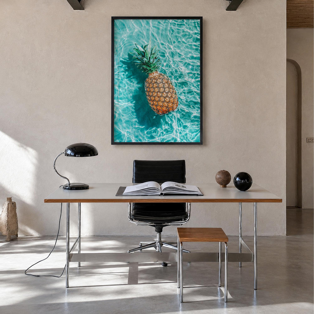 Pineapple no. 1 colorful photo poster – vertical wall art in black wood frame, hanging on wall