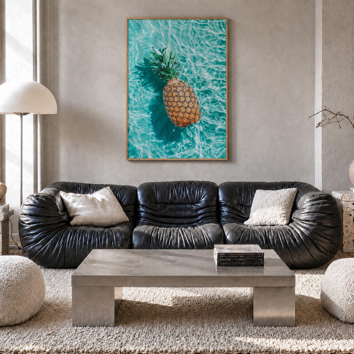 Pineapple no. 1 colorful photo poster – vertical wall art in natural wood frame, hanging on wall