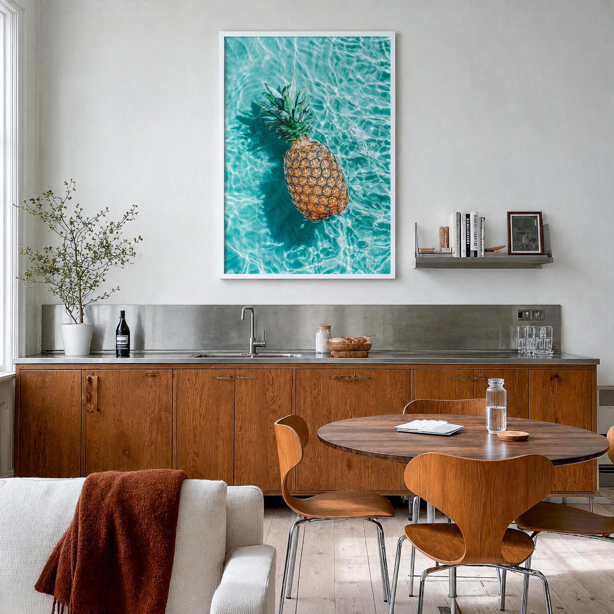 Pineapple no. 1 colorful photo poster – vertical wall art in white wood frame, hanging on wall
