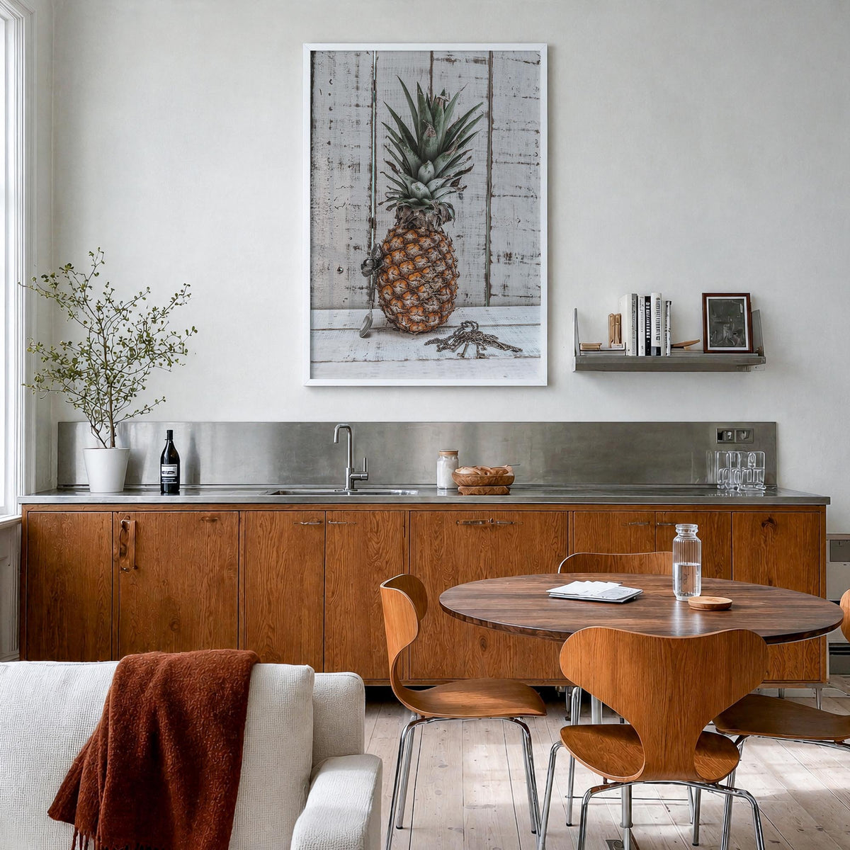 Pineapple no. 2 colorful photo poster – vertical wall art in white wood frame, hanging on wall