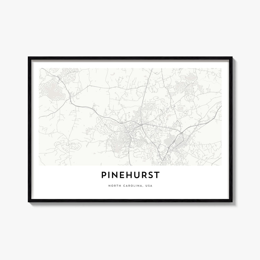 Pinehurst black & white map poster of North Carolina, USA – horizontal wall art, unframed print shown in interior mockup