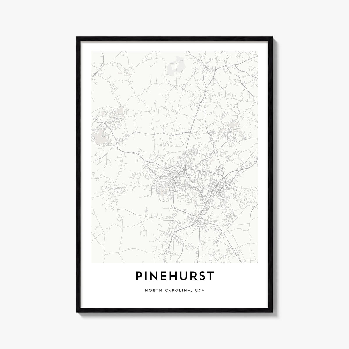 Pinehurst black & white map poster of North Carolina, USA – vertical wall art, unframed print shown in interior mockup