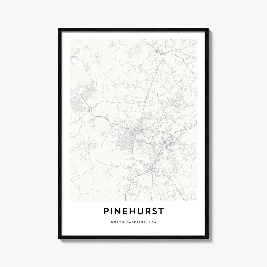 Pinehurst black & white map poster of North Carolina, USA – vertical wall art, unframed print shown in interior mockup