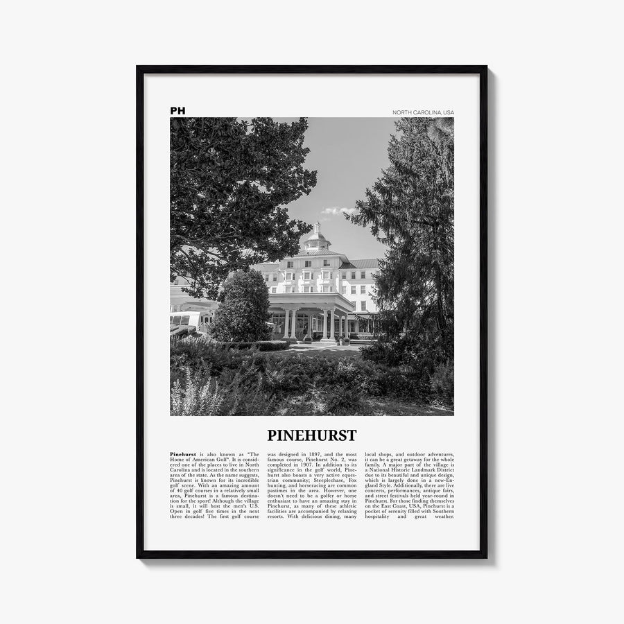 Pinehurst black & white newspaper poster of North Carolina, USA – vertical wall art, unframed print shown in interior mockup