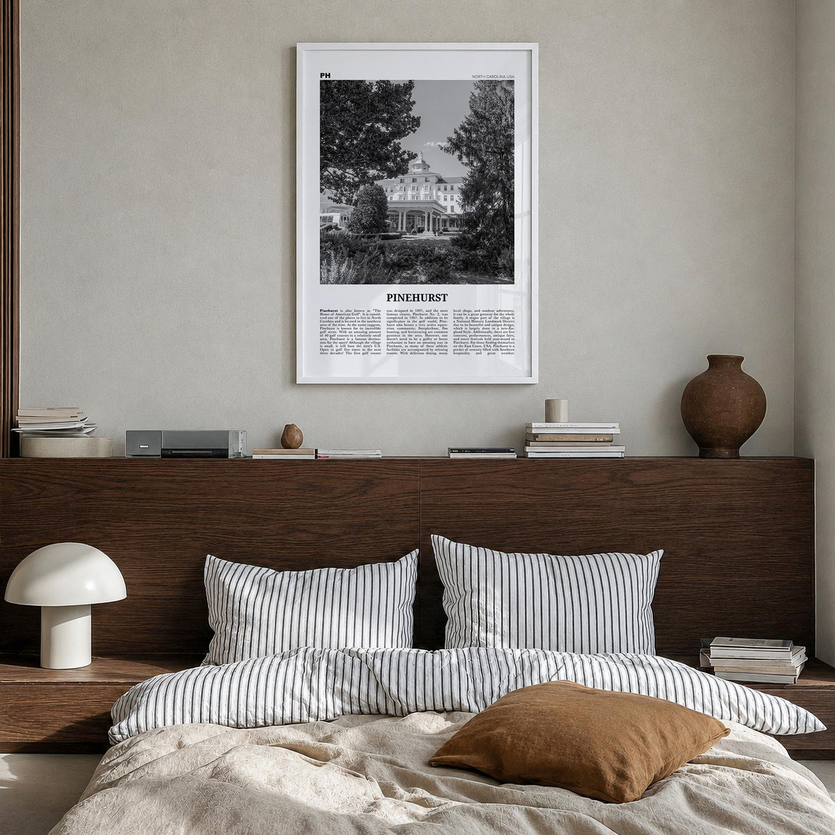 Pinehurst black & white newspaper poster of North Carolina, USA – vertical wall art in white wood frame, hanging on wall