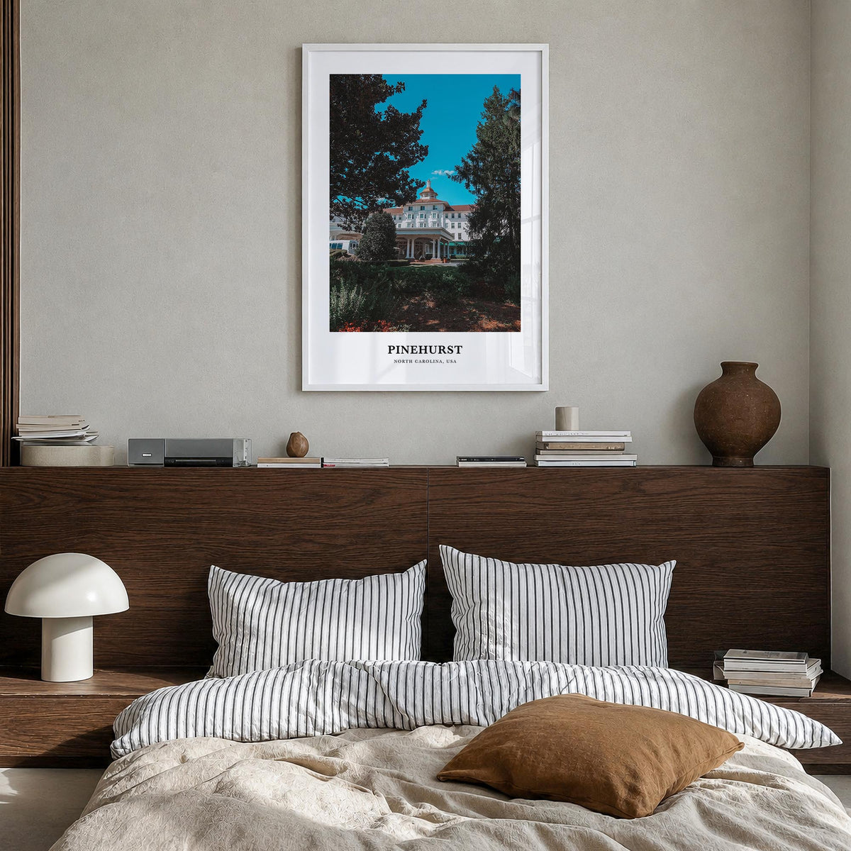 Pinehurst colorful classic poster of North Carolina, USA – vertical wall art in white wood frame, hanging on wall