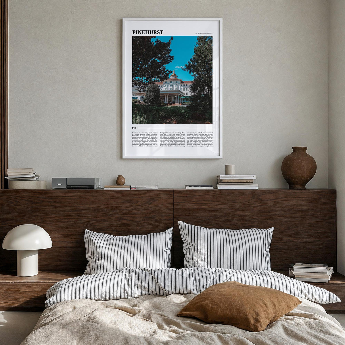 Pinehurst colorful travel poster of North Carolina, USA – vertical wall art in white wood frame, hanging on wall