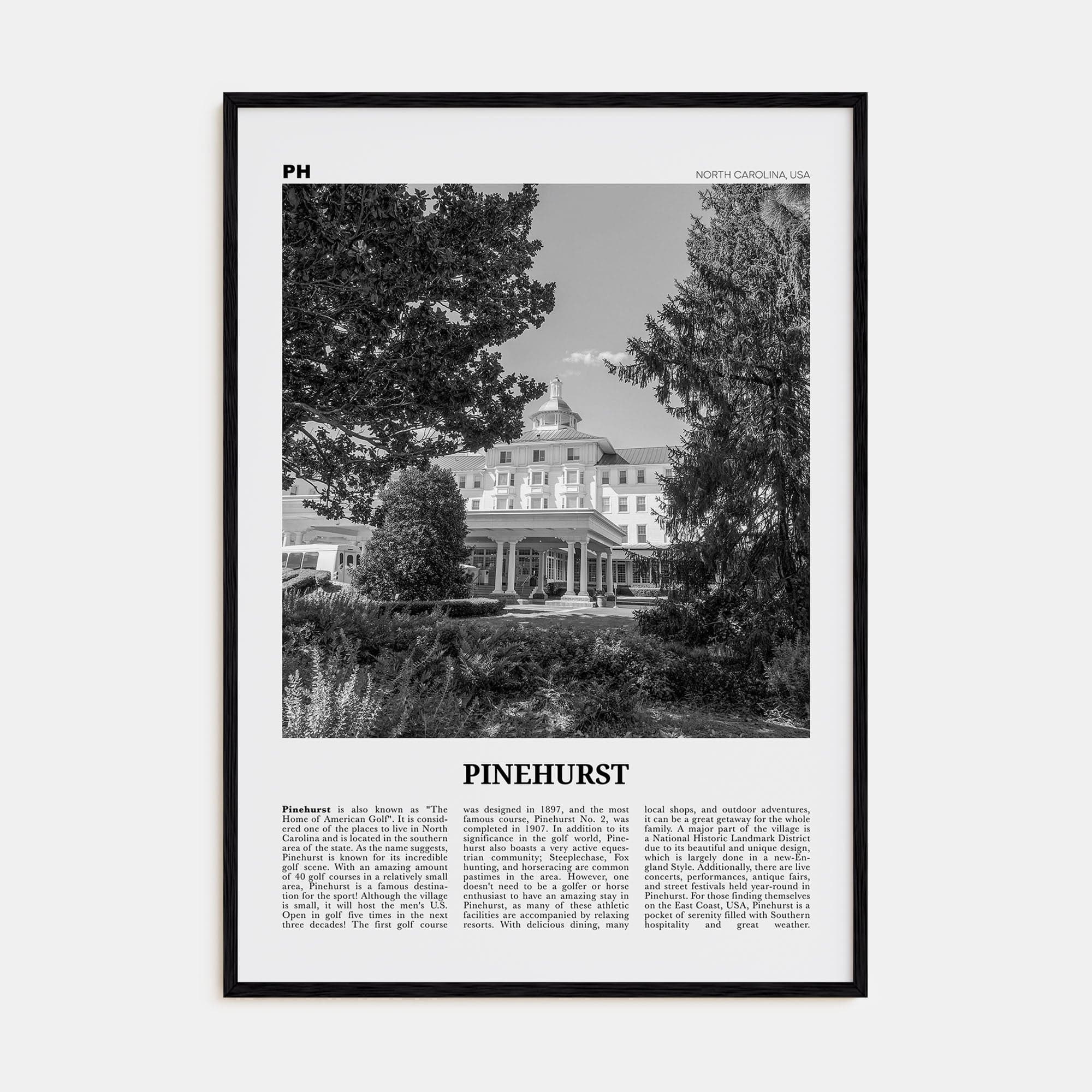 Pinehurst Poster Black Wood / 8x12 in Nbourhood Travel B&W Poster