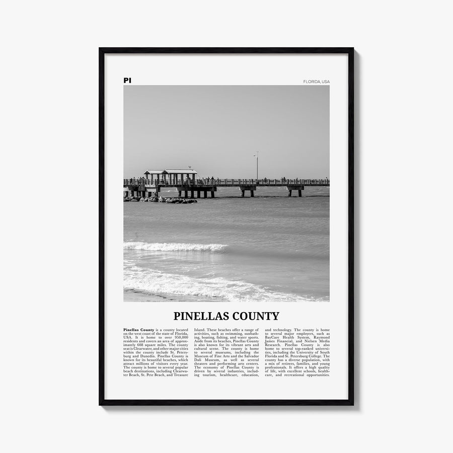 Pinellas County black & white newspaper poster of Florida, USA – vertical wall art, unframed print shown in interior mockup
