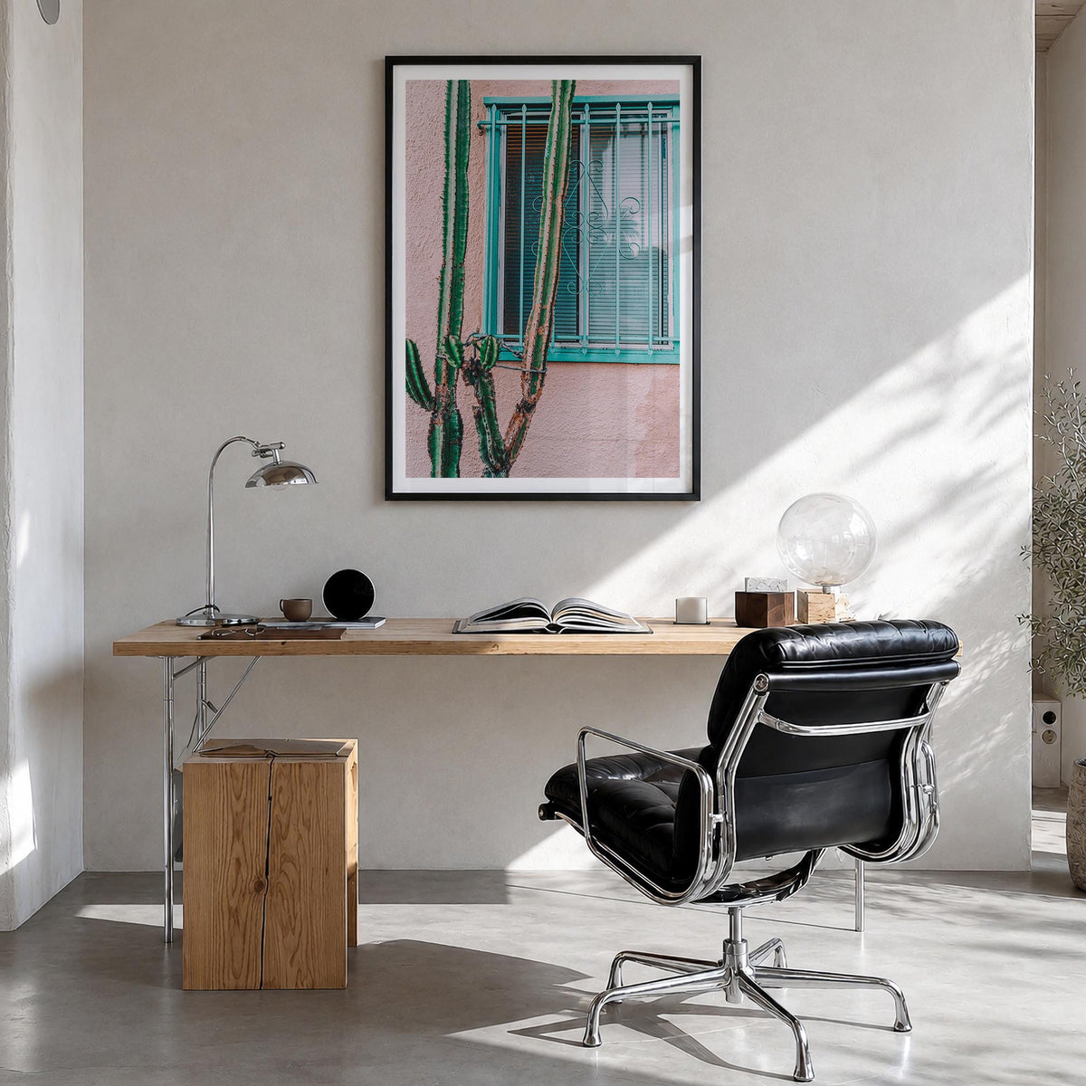 Pink Cactus colorful photo poster – vertical wall art in black wood frame with white border, hanging on wall